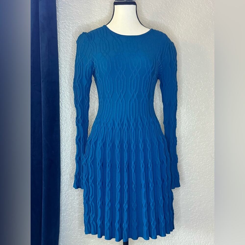 Bebe Blue Pleated Ribbed Long Sleeve Dress | Size M